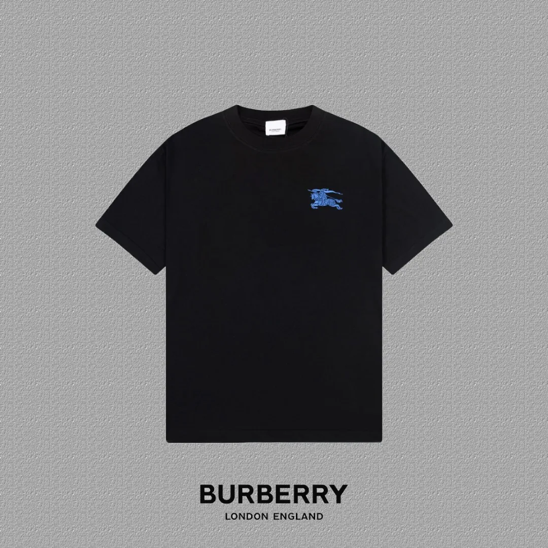 P85✨🔥 [BURBERRY] 2026FW short-sleeved T-shirt, embroidery technology, Premium 26s double yarn 300g fabric, heavy fabric, custom stretcher rib, same vat and dye, complete three standards, same style for men and women, color: Black White, Size: S M L XL XXL